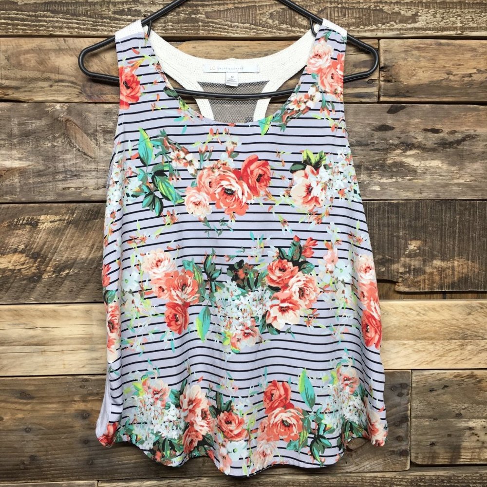 LC Lauren Conrad Tank Top Mesh Back Striped Floral Print Size M